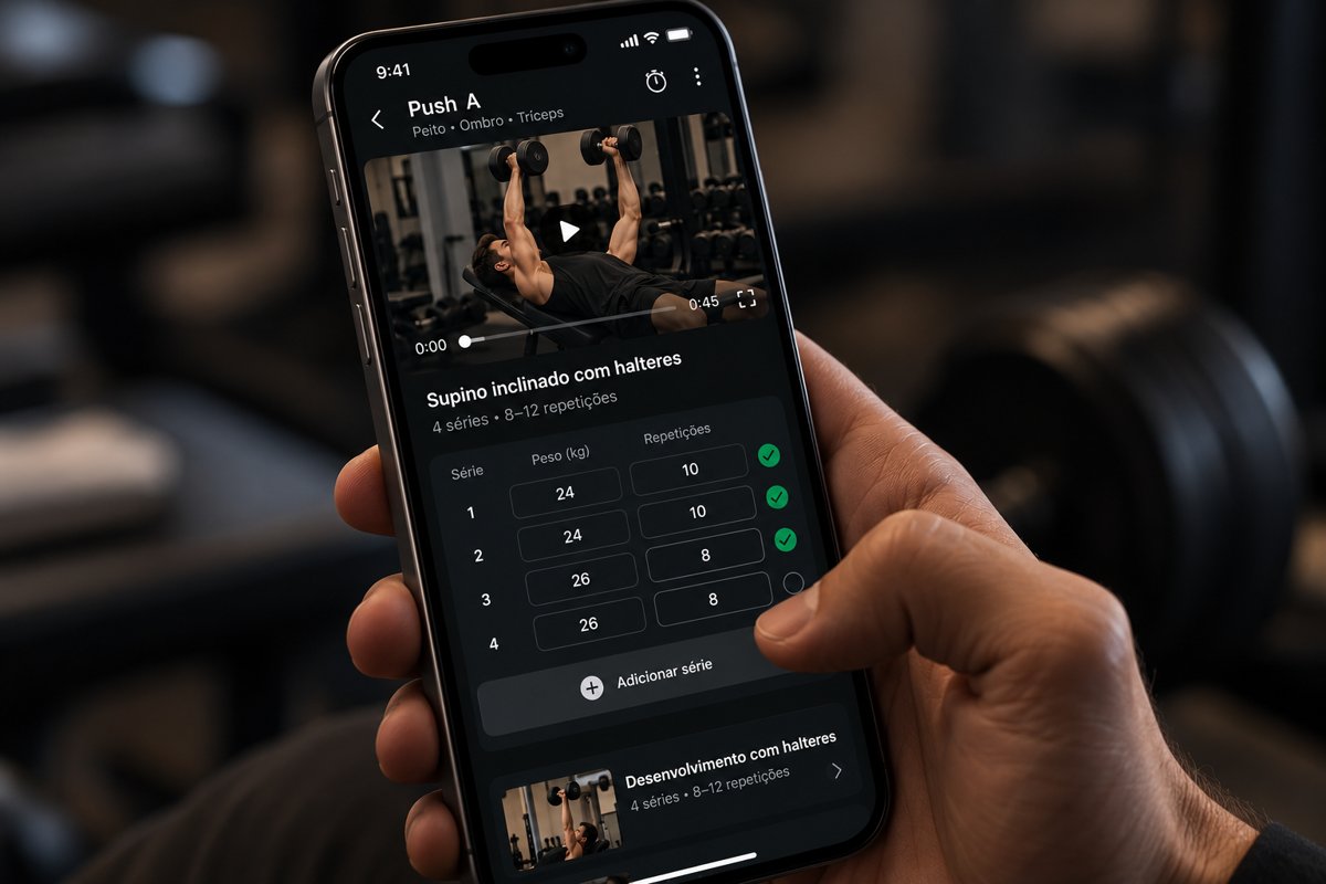 Treino no aplicativo com vídeo do exercício e registro de séries